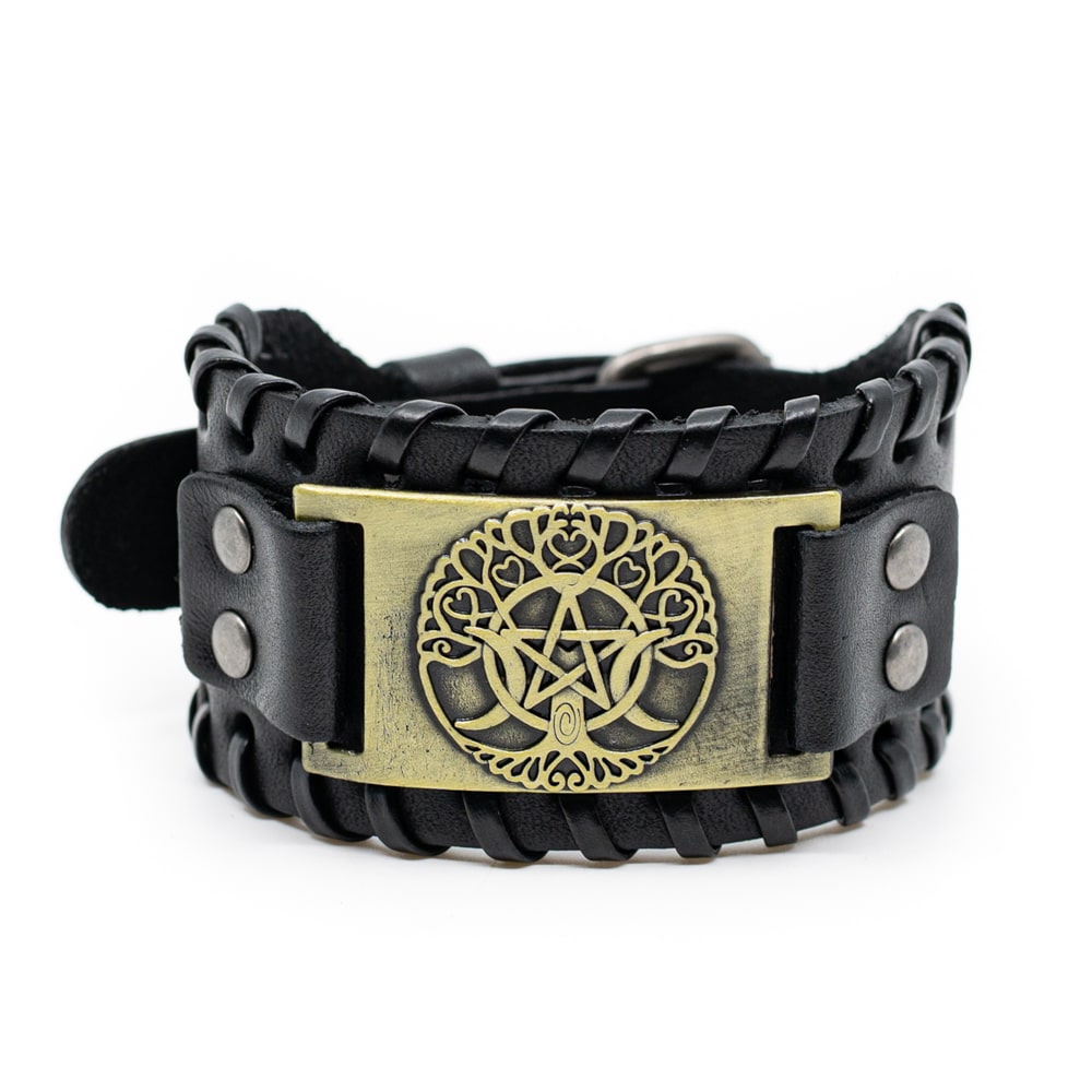 Wikinger Armband Norwegischer Lebensbaum und Pentagramm Kunstleder Verstellbar unter Schmuck - Wikingerschmuck - Wikingerarmband